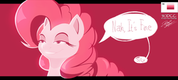 Size: 1280x577 | Tagged: safe, artist:roda11, pinkie pie, earth pony, pony, g4, dialogue, female, mare, pink background, simple background, solo