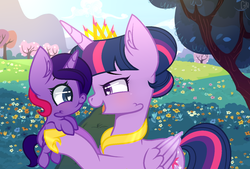 Size: 1380x932 | Tagged: dead source, safe, artist:galaxynightyt, twilight sparkle, oc, oc:galaxy night, alicorn, pony, g4, baby, baby pony, base used, female, filly, heart eyes, holding a pony, mama twilight, mother and daughter, offspring, parent:twilight sparkle, twilight sparkle (alicorn), wingding eyes