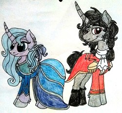 Size: 1256x1159 | Tagged: safe, artist:rosefang16, idw, king sombra, radiant hope, pony, unicorn, g4, clothes, dress, female, gala dress, male, ship:hopebra, shipping, story included, straight, traditional art