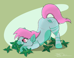 Size: 1200x943 | Tagged: safe, artist:sherwood, oc, oc only, oc:spearmint, earth pony, pony, eating, face down ass up, female, herbivore, mare, signature, solo
