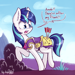 Size: 1126x1126 | Tagged: safe, artist:dsp2003, shining armor, pony, unicorn, g4, 30 minute art challenge, armor, arrow, blushing, female, gleaming shield, guardsmare, mare, open mouth, royal guard, rule 63, running, single panel, solo