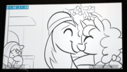 Size: 1113x631 | Tagged: safe, screencap, big macintosh, marble pie, sugar belle, earth pony, pony, unicorn, g4, my little pony best gift ever, animatic, black and white, clothes, female, grayscale, hat, heartbroken marble, lineart, male, mistletoe, monochrome, ship:sugarmac, shipping, shipping denied, side chick, straight, winter outfit, youtube link
