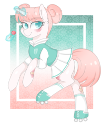 Size: 2509x3000 | Tagged: safe, artist:oniiponii, oc, oc only, oc:rolla derbi, pony, unicorn, bandaid, bruised, candy, clothes, cute, female, food, glowing horn, hair bun, high res, horn, lollipop, mare, pleated skirt, roller skates, scratching, simple background, skirt, socks, solo, transparent background, uniform