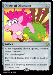 Size: 375x523 | Tagged: safe, edit, pinkie pie, earth pony, pony, g4, yakity-sax, ccg, female, magic the gathering, mare, obsession, puffy cheeks, trading card, trading card edit, wide eyes, yovidaphone, yovidapie