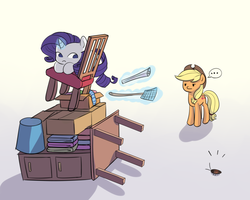 Size: 1500x1200 | Tagged: safe, artist:tcn1205, applejack, rarity, cockroach, earth pony, insect, pony, unicorn, g4, ..., behaving like a cat, chair, cowboy hat, duo, entomophobia, female, flyswatter, furniture tower, glowing horn, hat, horn, magic, mare, overreaction, telekinesis