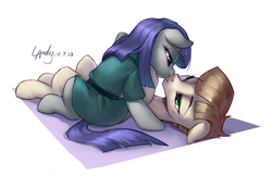 Size: 2000x1300 | Tagged: safe, artist:luciferamon, maud pie, mudbriar, earth pony, pony, g4, blushing, clothes, cute, daaaaaaaaaaaw, female, licking, lying down, male, mare, ship:maudbriar, shipping, signature, stallion, straight, tongue out