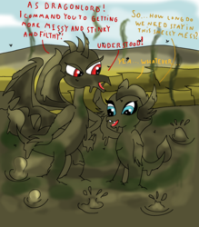 Size: 1400x1600 | Tagged: safe, artist:amateur-draw, princess ember, smolder, dragon, g4, covered in mud, downvote bait, engrish, female, mud, muddy, smelly, stink lines, text, volcano, wet and messy