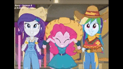 Size: 854x480 | Tagged: safe, edit, edited screencap, screencap, pinkie pie, rainbow dash, rarity, equestria girls, five to nine, g4, my little pony equestria girls: better together, animated, barn, boots, bracelet, clothes, cowboy hat, cowgirl, cowgirl outfit, cute, dancing, dancity, dashabetes, diapinkes, dress, eyes closed, farmer pinkie, female, hat, jacket, jewelry, music, overalls, pants, raribetes, rarihick, shoes, smiling, sound, stetson, webm