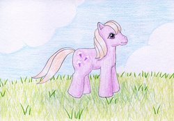 Size: 1024x711 | Tagged: safe, artist:normaleeinsane, baby lickety-split, pony, g1, female, grass, solo, traditional art