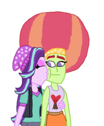 Size: 2000x2419 | Tagged: safe, artist:ktd1993, starlight glimmer, tree hugger, equestria girls, g4, afro, alternate hairstyle, beanie, crack shipping, female, hat, high res, kissing, lesbian, shipping, simple background, starhugger, transparent background