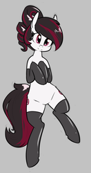 Size: 554x1046 | Tagged: safe, artist:whatsapokemon, oc, oc only, oc:electra sparks, earth pony, pony, both cutie marks, clothes, female, gray background, latex, latex socks, looking at you, mare, on back, simple background, socks, solo