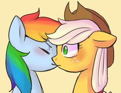 Size: 1413x1085 | Tagged: safe, artist:hosikawa, applejack, rainbow dash, earth pony, pegasus, pony, g4, applejack's hat, blushing, cowboy hat, duo, eyes closed, female, hat, lesbian, mare, ship:appledash, shipping, shocked, simple background