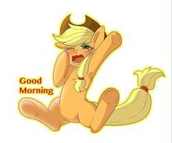 Size: 1023x850 | Tagged: safe, artist:hosikawa, applejack, earth pony, pony, g4, armpits, blushing, female, freckles, hat, mare, one eye closed, open mouth, simple background, solo, white background, yawn