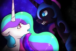 Size: 2039x1378 | Tagged: safe, artist:hosikawa, nightmare moon, princess celestia, alicorn, pony, g4, crying, duo, female, looking at each other, looking at someone, mare, sharp teeth, snarling, teeth