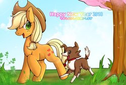 Size: 2039x1378 | Tagged: safe, artist:hosikawa, applejack, winona, earth pony, pony, g4, female, looking at you, mare, scenery, tree