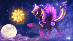 Size: 2403x1378 | Tagged: safe, artist:hosikawa, oc, oc only, pegasus, pony, bow, female, mare, moon, scenery, solo, space, starry eyes, stars, wingding eyes