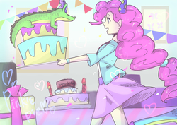 Size: 4093x2894 | Tagged: safe, artist:hosikawa, gummy, pinkie pie, equestria girls, g4, cake, clothes, cute, female, food, happy birthday, hat, heart, party hat, ponytail, skirt