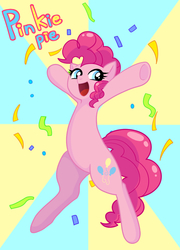 Size: 698x969 | Tagged: safe, artist:hosikawa, pinkie pie, earth pony, pony, g4, :d, confetti, female, mare, open mouth, open smile, smiling, solo, sunburst background