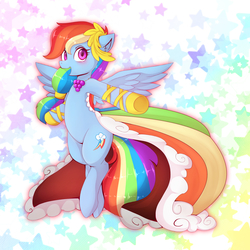 Size: 1876x1876 | Tagged: safe, artist:hosikawa, rainbow dash, pegasus, pony, g4, backwards cutie mark, belly, clothes, cute, dashabetes, dress, female, gala dress, looking at you, mare, solo, spread wings, wings