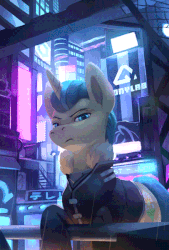Size: 406x600 | Tagged: safe, artist:rodrigues404, oc, oc only, pony, unicorn, animated, clothes, commission, cyberpunk, digital art, male, rain, solo, stallion