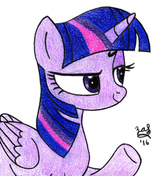 Size: 2640x2812 | Tagged: safe, artist:zachattackj, twilight sparkle, alicorn, pony, g4, gauntlet of fire, female, high res, raised eyebrow, raised hoof, simple background, smiling, smirk, smuglight sparkle, solo, traditional art, twilight sparkle (alicorn), white background
