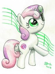 Size: 2400x3200 | Tagged: safe, artist:michiito, sweetie belle, pony, unicorn, g4, female, filly, high res, microphone, simple background, solo, traditional art, white background