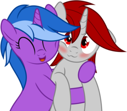 Size: 4000x3491 | Tagged: safe, artist:waveywaves, oc, oc:aegis moonwalker, oc:waves, pony, unicorn, blushing, crush, duo, female, happy, hug, mare, simple background, transparent background