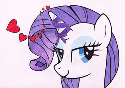 Size: 1740x1220 | Tagged: safe, artist:fritofredrik, rarity, pony, unicorn, g4, bust, female, heart, lidded eyes, looking at you, magic, mare, portrait, ribbon, simple background, smiling, solo, three quarter view, traditional art, white background