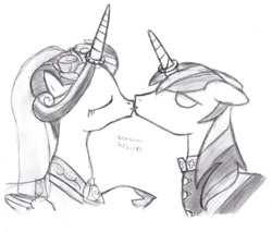 Size: 2489x2123 | Tagged: safe, artist:drchrisman, princess cadance, shining armor, alicorn, pony, unicorn, a canterlot wedding, g4, clothes, dress, duo, female, flower, flower in hair, high res, hoof shoes, horn, horn ring, kiss on the lips, kissing, male, mare, ship:shiningcadance, shipping, signature, stallion, straight, traditional art, wedding dress