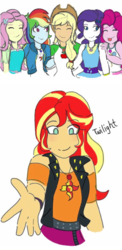 Size: 346x709 | Tagged: safe, artist:horsegirlpodcast, applejack, fluttershy, pinkie pie, rainbow dash, rarity, sunset shimmer, equestria girls, g4, my little pony equestria girls: better together, humane five, implied lesbian, implied scitwishimmer, implied shipping, offscreen character, simple background, white background