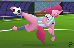 Size: 4265x2760 | Tagged: safe, artist:mighty-muffins, pinkie pie, earth pony, semi-anthro, g4, argentina, arm hooves, ball, bench, clothes, cutie mark, featureless crotch, female, football, jersey, logo, soccer field, solo, sports, stadium, world cup, wrist tape