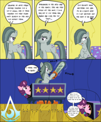 Size: 2075x2513 | Tagged: safe, artist:darktailsko, marble pie, sugar belle, earth pony, pony, unicorn, g4, abuse, bellebuse, bipedal, bondage, chainsaw, chest, comic, duo, easter egg (media), female, fourth wall, hair over one eye, high res, implied pinkamena, implied pinkie pie, implied trixie, mare, open mouth, scared, stage, this will end in death, this will end in murder, watermark, well that escalated quickly