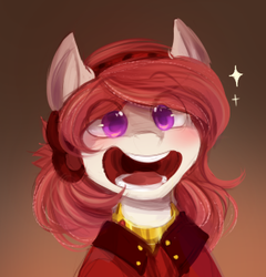 Size: 303x316 | Tagged: safe, artist:cyanocitta, oc, oc only, oc:rosa lanzar, pony, bust, clothes, eye clipping through hair, female, gradient background, grin, looking at you, mare, open mouth, smiling, solo