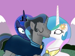 Size: 2732x2048 | Tagged: safe, artist:justsomepainter11, idw, king sombra, princess celestia, princess luna, pony, unicorn, g4, digital art, eyes closed, female, good king sombra, high res, kiss on the lips, kissing, male, mare, requested art, ship:celestibra, shipping, show accurate, stallion, straight
