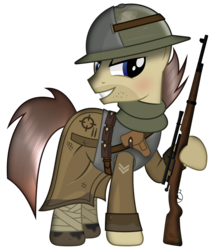 Size: 2530x3000 | Tagged: safe, artist:brony-works, oc, oc only, oc:sniper hooves, pony, bolt-action rifle, clothes, corporal, five o'clock shadow, gun, helmet, high res, holster, leg wraps, long sleeves, male, mud, rifle, scarf, scope, simple background, smiling, sniper, sniper rifle, solo, stallion, transparent background, trenchcoat, uniform, vector, weapon, world war i