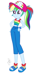 Size: 530x1030 | Tagged: safe, artist:ilaria122, edit, edited screencap, screencap, rainbow dash, equestria girls, equestria girls specials, g4, i'm on a yacht, my little pony equestria girls: better together, my little pony equestria girls: spring breakdown, 2019, alternate hairstyle, baseball cap, cap, clothes, comic con, cruise outfit, cute, dashabetes, feet, female, hand on hip, hat, midriff, not a vector, pants, ponytail, pose, san diego comic con, sandals, sdcc 2018, shirt, simple background, smiling, t-shirt, transparent background, wristband