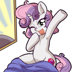 Size: 512x512 | Tagged: safe, artist:anibaruthecat, sweetie belle, pony, unicorn, g4, armpits, blanket, cute, cutie mark, dab, diasweetes, explicit source, female, filly, foal, hoovpits, one eye closed, open mouth, simple background, solo, the cmc's cutie marks, transparent background