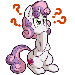 Size: 512x512 | Tagged: safe, artist:anibaruthecat, sweetie belle, pony, unicorn, g4, cute, cutie mark, diasweetes, explicit source, female, filly, foal, question mark, simple background, solo, the cmc's cutie marks, thinking, transparent background
