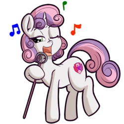 Size: 512x512 | Tagged: safe, artist:anibaruthecat, sweetie belle, pony, unicorn, g4, cute, cutie mark, diasweetes, explicit source, female, filly, foal, horn, microphone, one eye closed, open mouth, simple background, singing, solo, the cmc's cutie marks, transparent background, wink