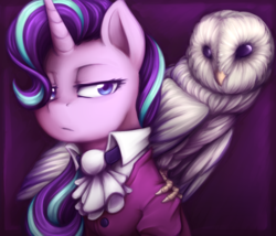 Size: 1024x878 | Tagged: safe, artist:jadekettu, starlight glimmer, bird, owl, pony, unicorn, g4, clothes, female, lidded eyes, mare