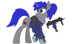 Size: 2560x1536 | Tagged: safe, artist:xphil1998, oc, oc only, oc:dream vezpyre, oc:dream², pony, unicorn, clothes, crossover, gun, jacket, mp7, simple background, solo, tom clancy, tom clancy's the division, transparent background, weapon