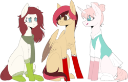 Size: 1140x728 | Tagged: safe, artist:icicle-niceicle-1517, artist:sychia, color edit, edit, oc, oc only, oc:cozy hearts, oc:rolla derbi, oc:sugarpop (ice1517), earth pony, pegasus, pony, unicorn, chest fluff, clothes, collaboration, colored, cute, female, hair over one eye, mare, open mouth, pleated skirt, scarf, simple background, skirt, socks, transparent background, trio, two toned wings, uniform