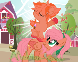 Size: 1011x803 | Tagged: safe, artist:mobian-gamer, oc, oc:angelic apple, oc:apple bud, earth pony, pegasus, pony, apple tree, barn, base used, brother and sister, colt, duo, female, freckles, male, mare, offspring, parent:big macintosh, parent:fluttershy, parents:fluttermac, signature, sweet apple acres, tree, unshorn fetlocks, watermark