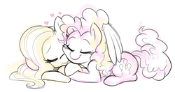 Size: 1184x627 | Tagged: safe, artist:mickeymonster, fluttershy, pinkie pie, g4, colored sketch, cuddling, eyes closed, female, floating heart, heart, hug, lesbian, lying down, prone, ship:flutterpie, shipping, simple background, sketch, smiling, white background, winghug