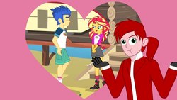 Size: 1280x720 | Tagged: safe, edit, edited screencap, screencap, flash sentry, sunset shimmer, oc, equestria girls, g4, my little pony equestria girls: legend of everfree, cigarette, female, heart, male, ship:flashimmer, shipping, shrug, straight