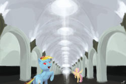 Size: 6000x4000 | Tagged: safe, artist:madgehog, fluttershy, rainbow dash, pegasus, pony, g4, butt, food, happy, looking at you, mare, metro, moscow, plot, subway, underhoof