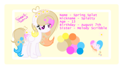 Size: 2453x1353 | Tagged: safe, artist:101xsplattyx101, oc, oc only, oc:spring splat, pegasus, pony, female, mare, reference sheet, show accurate, solo