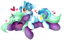 Size: 1024x641 | Tagged: safe, artist:adostume, oc, oc only, oc:saros nebula, oc:snap fable, cute, ear bite, eyes closed, heart, hug, ocbetes, simple background, size difference, snuggling, transparent background