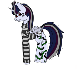 Size: 1336x1200 | Tagged: safe, artist:calibykitty, oc, oc only, oc:nocturne scroll, alicorn, bat pony, bat pony alicorn, pony, spider, alicorn oc, bat pony oc, clothes, ear piercing, earring, eyebrow piercing, face tattoo, fangs, female, jewelry, lip piercing, mare, messy mane, piercing, red eyes, simple background, skull, solo, striped sweater, sweater, tattoo, white background