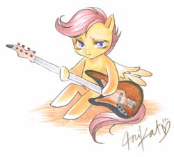 Size: 4159x3761 | Tagged: source needed, safe, artist:torikat, scootaloo, pegasus, pony, g4, bass guitar, commission, convention art, female, filly, guitar, looking at you, marker drawing, musical instrument, scootabass, signature, simple background, solo, traditional art, white background